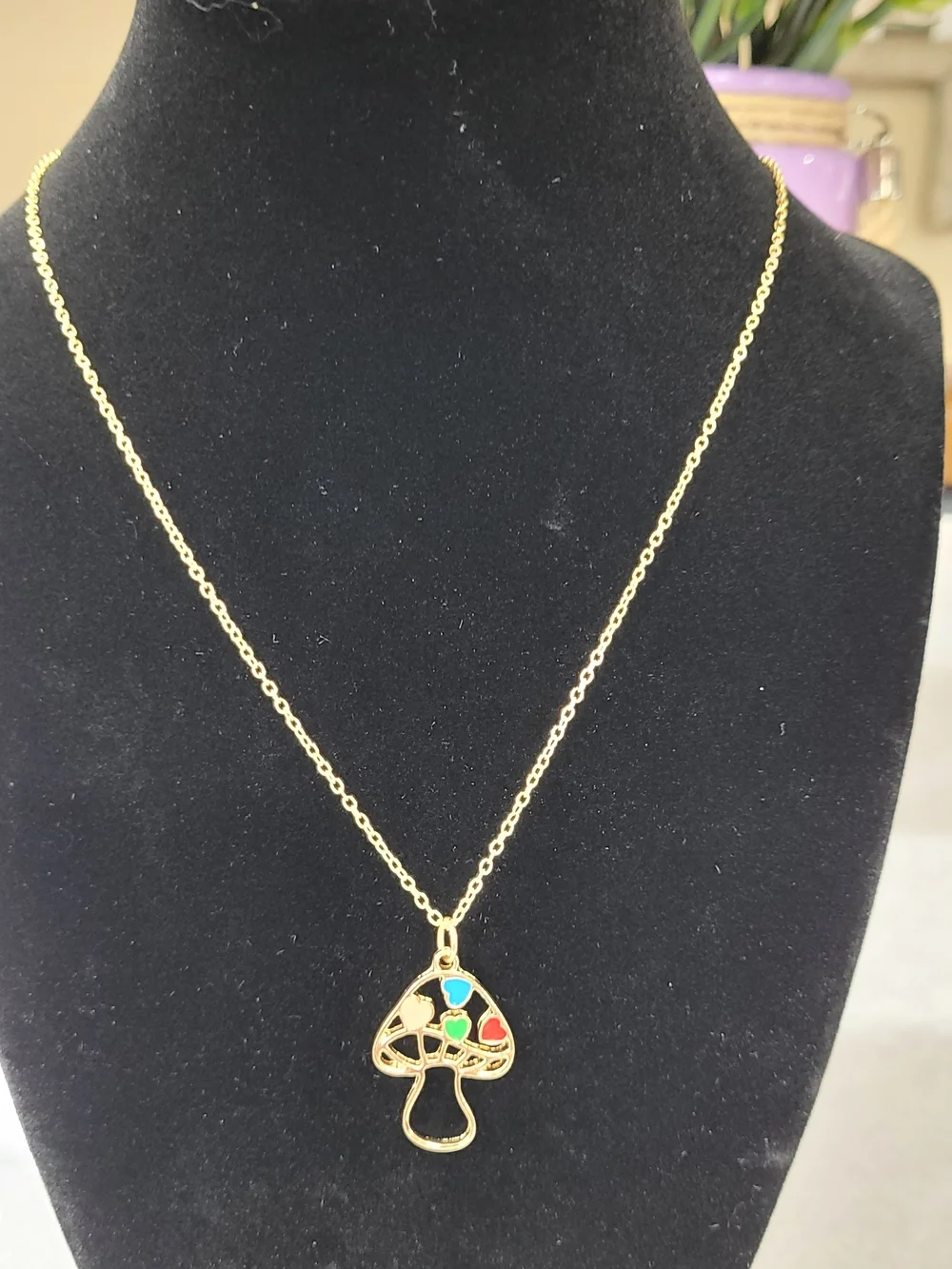 Gold Tone Mushroom Pendant Necklace with Multicolor Heart Accents